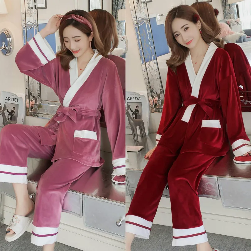 

H5719 Winter Pajamas Ladies Plus Velvet V Collar Warm Thickened Sleepwear Nightwear Women Long Sleeve Comfortable Home Wear Suit