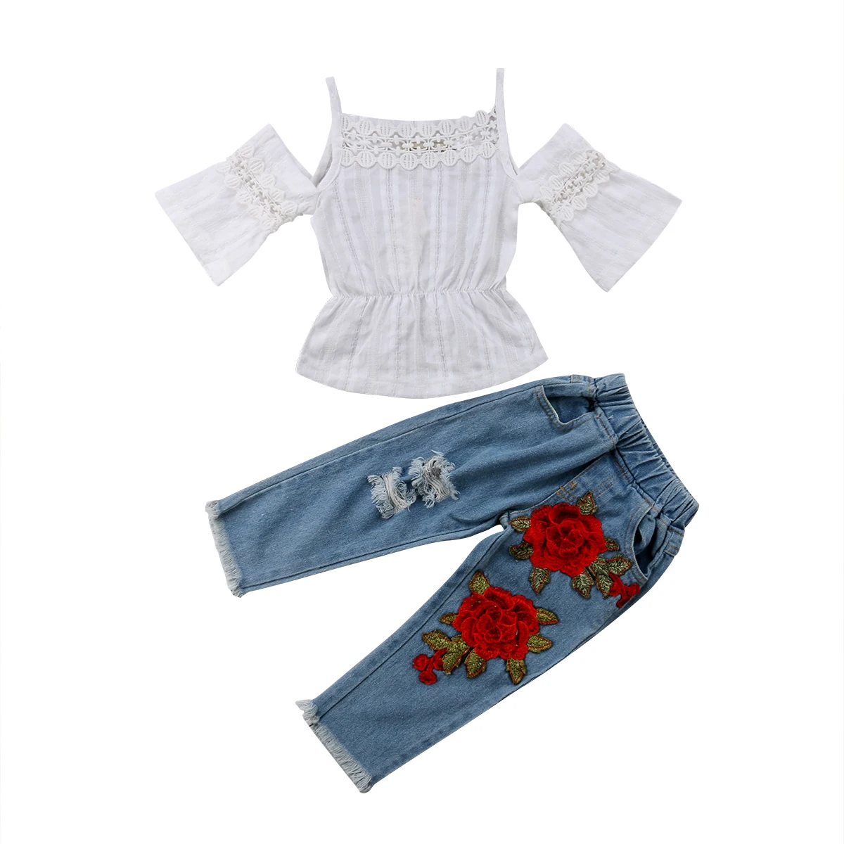 

2pcs Toddler Kids Baby Girls Clothing Set White Lace Tops +Floral Denim Pants Summer Child Outfits Flower Girls Clothes