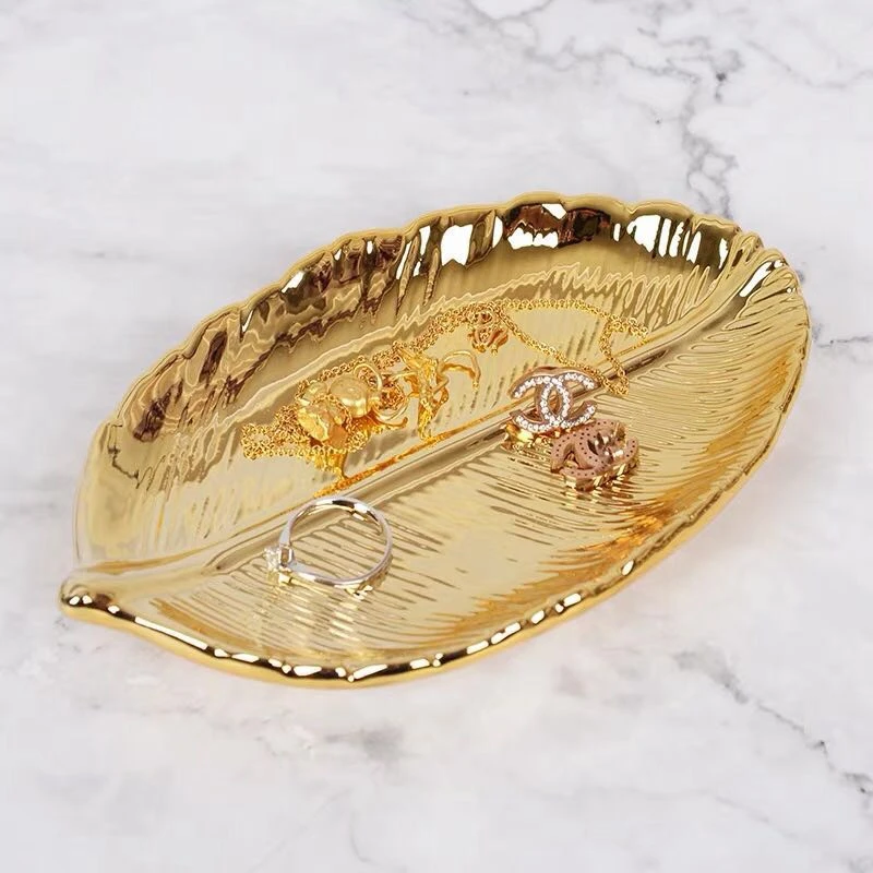 New Decorative Gold Leaf Ceramic Plate Dish Porcelain Candy Trinket Jewelry Fruit Serving Tray Storage Crockery Table | Дом и сад