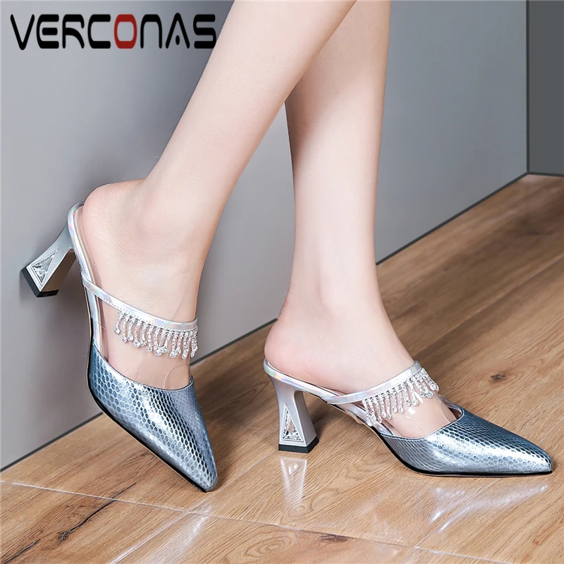 

VERCONAS Genuine Leather Mules Women Sandals Summer Fashion Elegant New Fringe Slippers High Heels Pointed Toe Pumps Shoes Woman