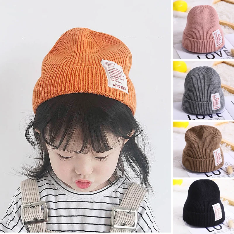 Warm Kids Winter Hats for Children Knitted Cap Solid Color Soft Crochet Boys Girls Beanie Hat