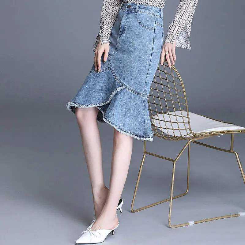 

2021 Spring Autumn Women Skirt Denim Ruffles Solid Vintage Knee-Length High Waist Korean Fashion Office Ladies Clothes D258