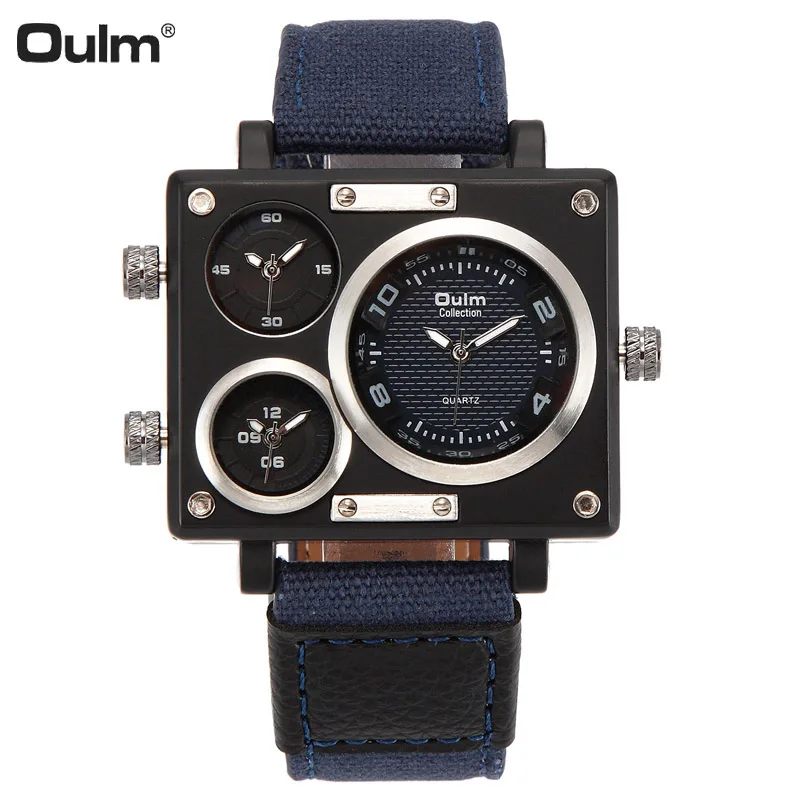 Oulm Men Watch Fashion Sport Canvas Fabric Rectangle Case Double Time Quartz Watches Military Wristwatches | Наручные часы