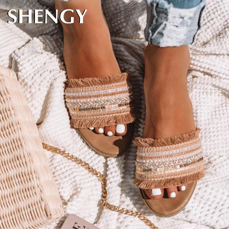 Сандалии женские из ткани и перфорированной плоская подошва Повседневная