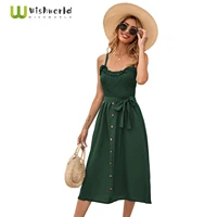 in the summer of 2021 printing wave falbala bud silk skirt with shoulder straps button sexy beach deep v neck sleeveless dresses