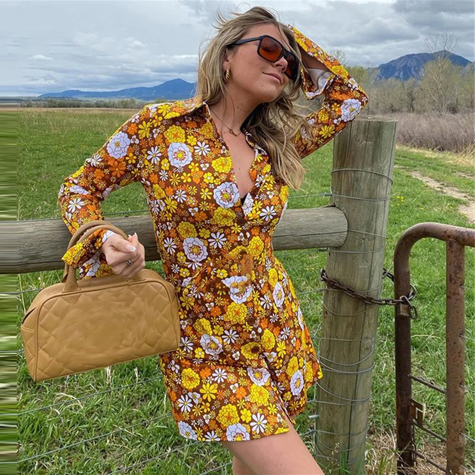 

Summer Casual Beach Sexy Mini Dress Y2K Fashion Wrap Floral Print Women Chic Green Pink Long Sleeve Blouse Dress 2021