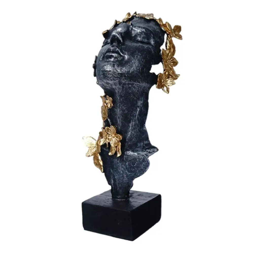 

Women Face Resin Statue Abstract Nordic Girl Face Sculpture with Gold Flower Butterflies Simple Modern Female Figurine Lady Head
