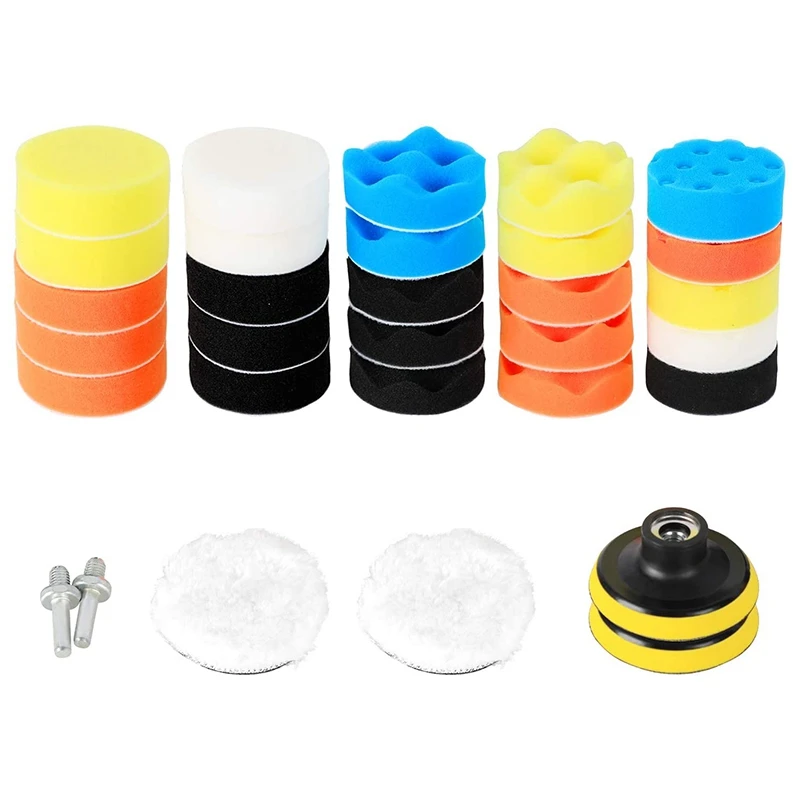 

31Pcs 3Inch Polishing Pad Kit, Sponge and Wool Buffing Pads Kit with M14 Drill Adapter for Car Care Polisher