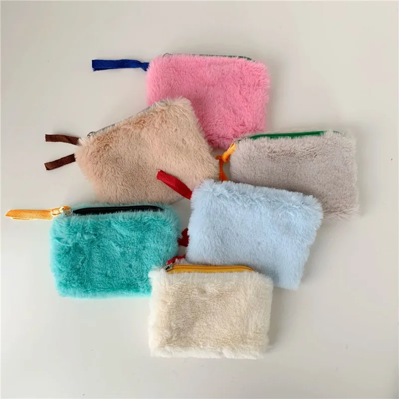 

Zipper Card Purse Plush Coin Purse Winter New Women Small Square Wallet Solid Color Cute Pouch Zero Korean Girls Mini Wallets
