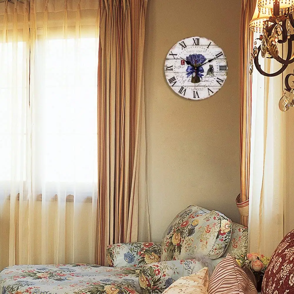 Бесшумные настенные часы 34 см лавандовые Кварцевые Ретро-часы деревянные