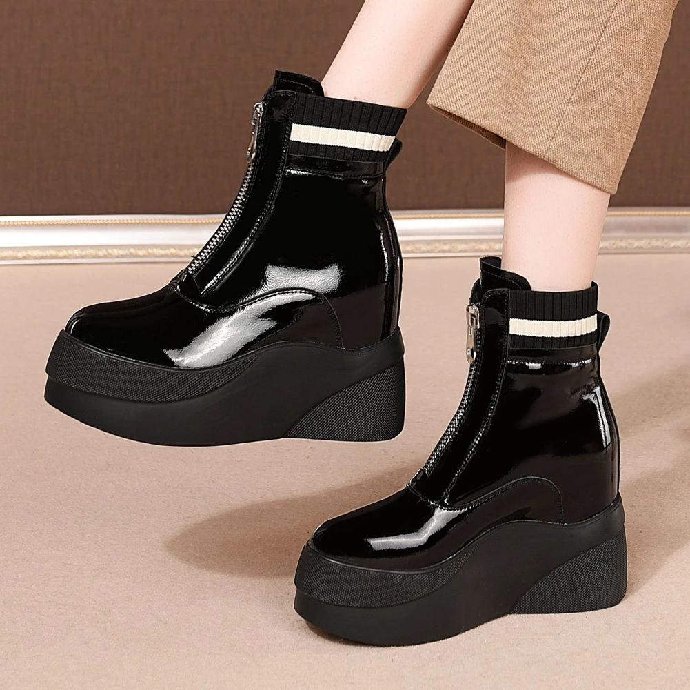 

RIBETRINI Brand New Patent Leather Zipper Platform Internal Increases Heels Ankle Boots Stylish Winter Shoes Boots Women