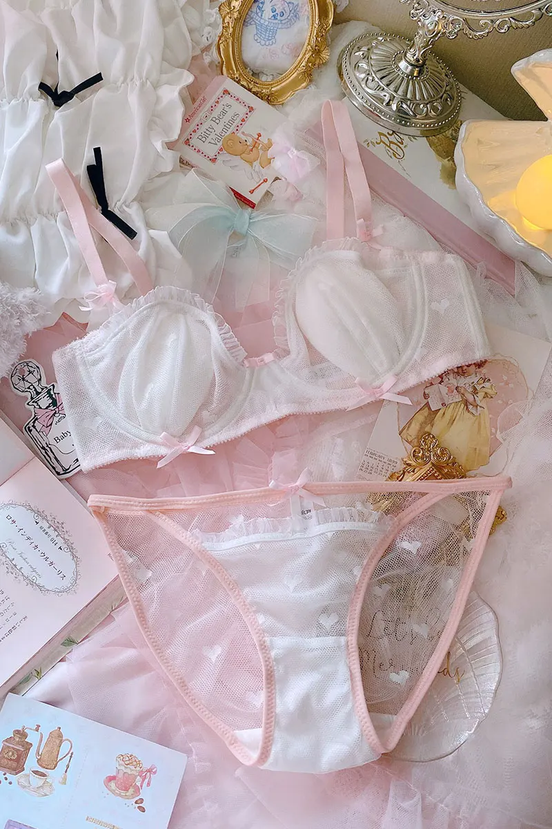 

Plus Size Lolita Ethika Women's Underwear Sexy Lace Lingere Set See Through Push Transparent Heart Mesh Bra Bralette Set 2021