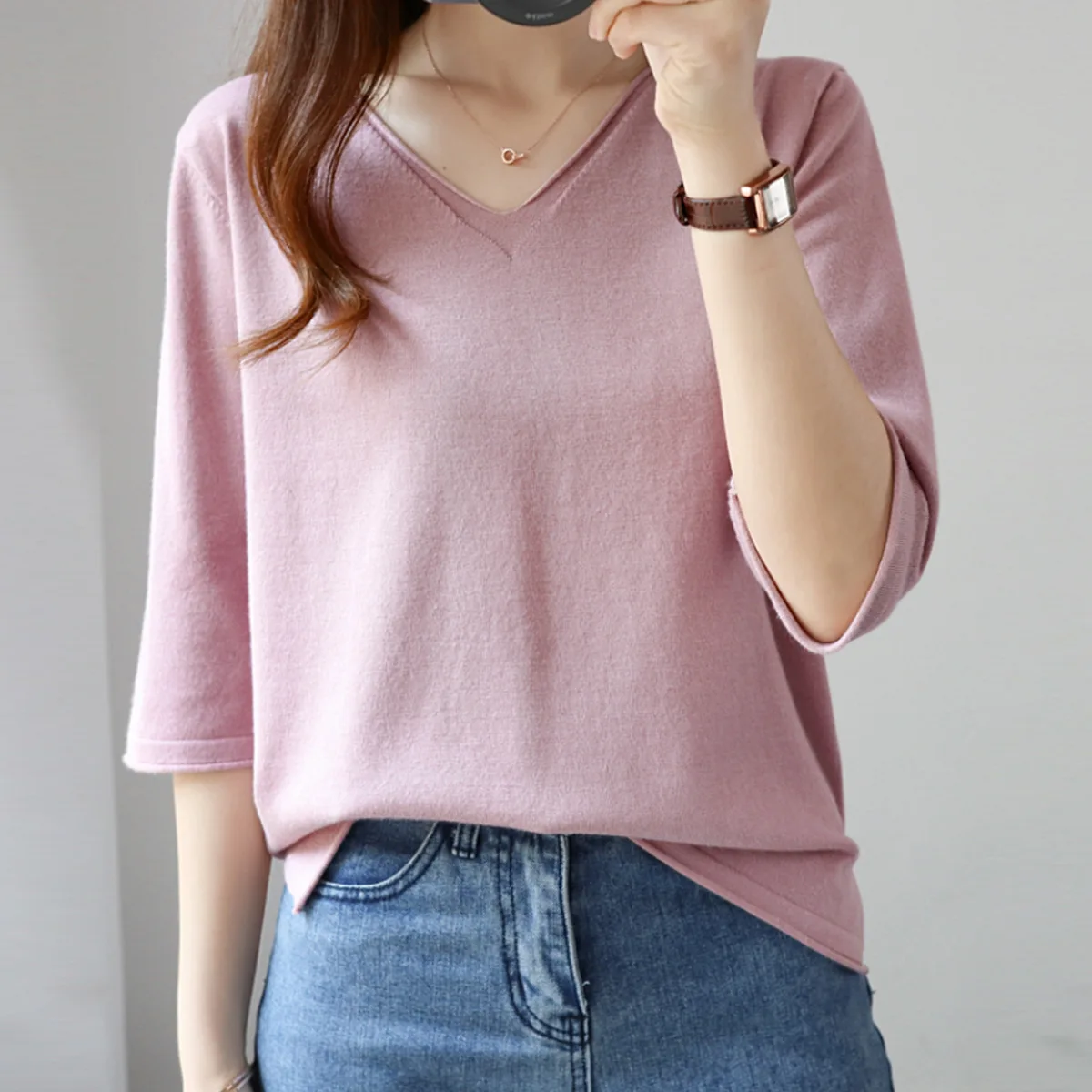 

Mid-sleeve knit, Women's five-quarter sleeve Autumn, 2021 Women's loose bottom with a slimmer top