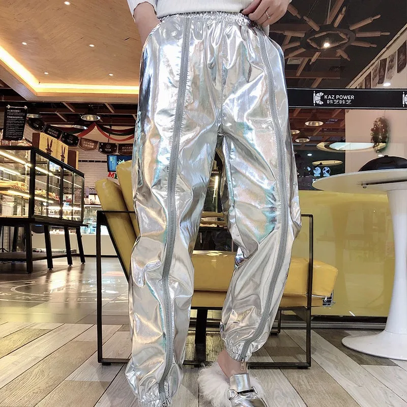 Тонкие блестящие Серебристые шаровары длиной до щиколотки джоггеры на молнии