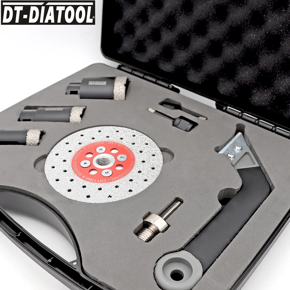 DT-DIATOOL 1set boxed Diamond Drill Core Bits Double Cutting Grinding Discs set for Porcelain Tile M14 thread Hole Saw Cutter |
