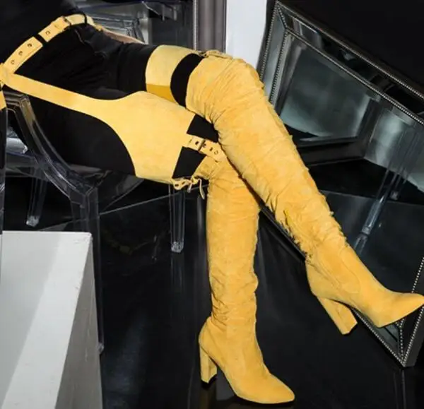 Red Yellow Black Suede Woman Pointed Toe Over The Knee Buckles Sexy Pants Belts Boots High Heel Square Toe Long Boots Lady