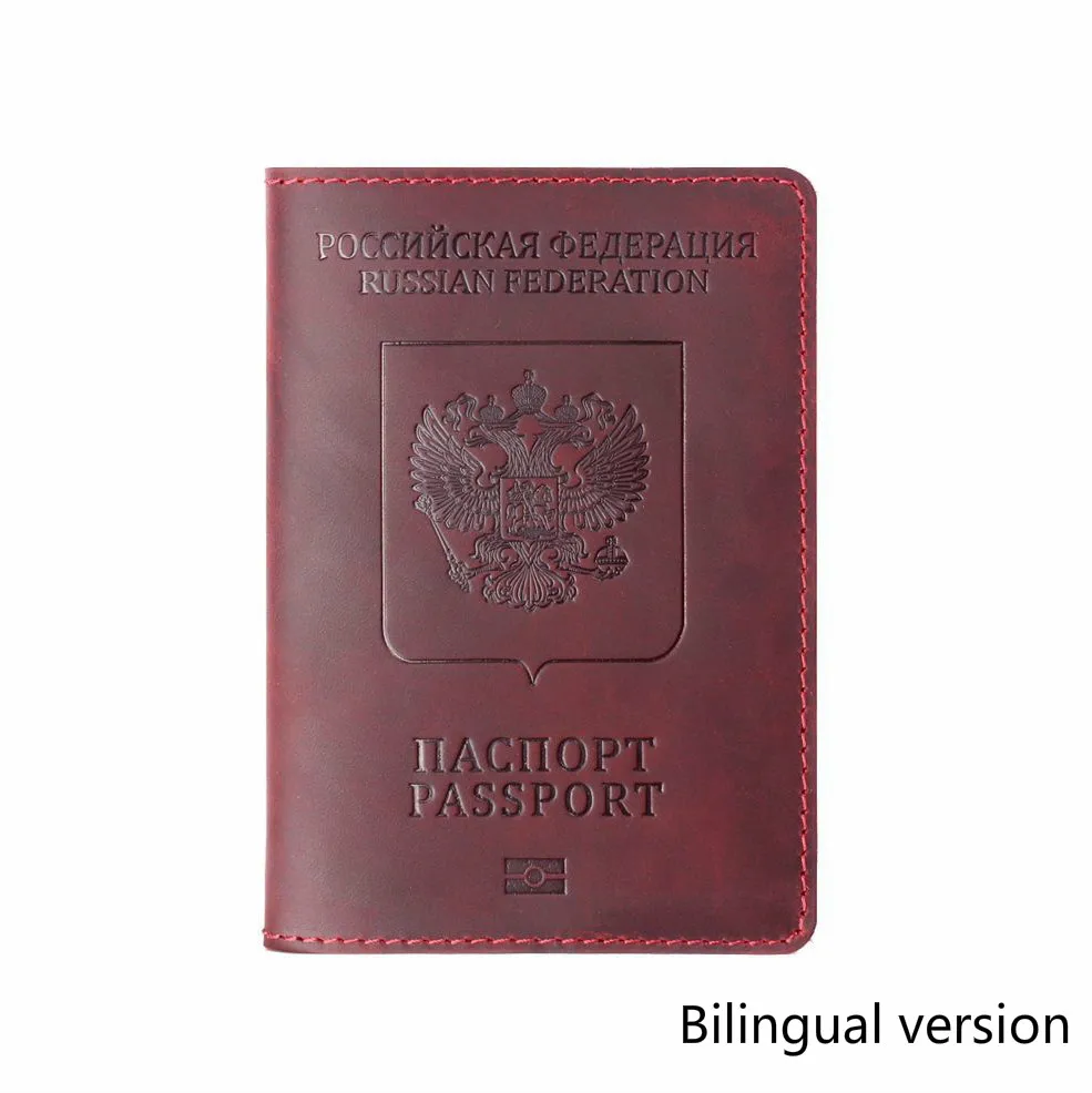 Wine red Bilingual Винтажная натуральная Crazy Horse Натуральная кожа герб России логотип Обложка для паспорта держатель для карт бизнес двуязычный чехол для паспорта - Цвет: Wine red Bilingual