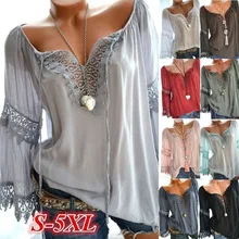 High quality loose women blouses 2022 summer blouses lace top fashion casual V-neck long sleeve women shirts