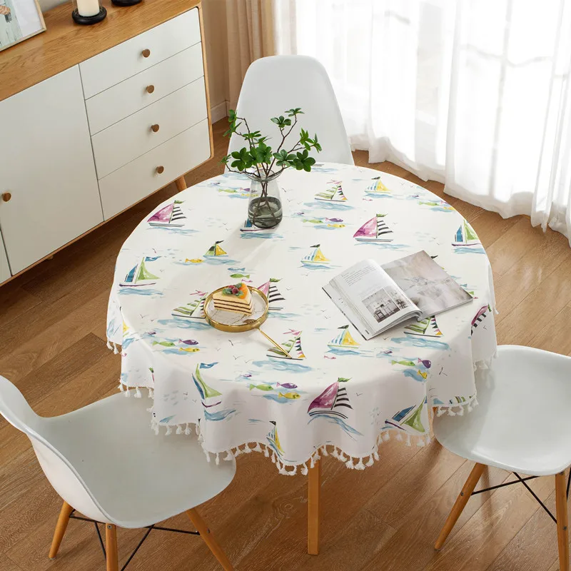 

Nordic Sailing Print Round Table Cloth Waterproof Fabric Tassel Table Cover Decoration Dining Room Homestay Table Cloth