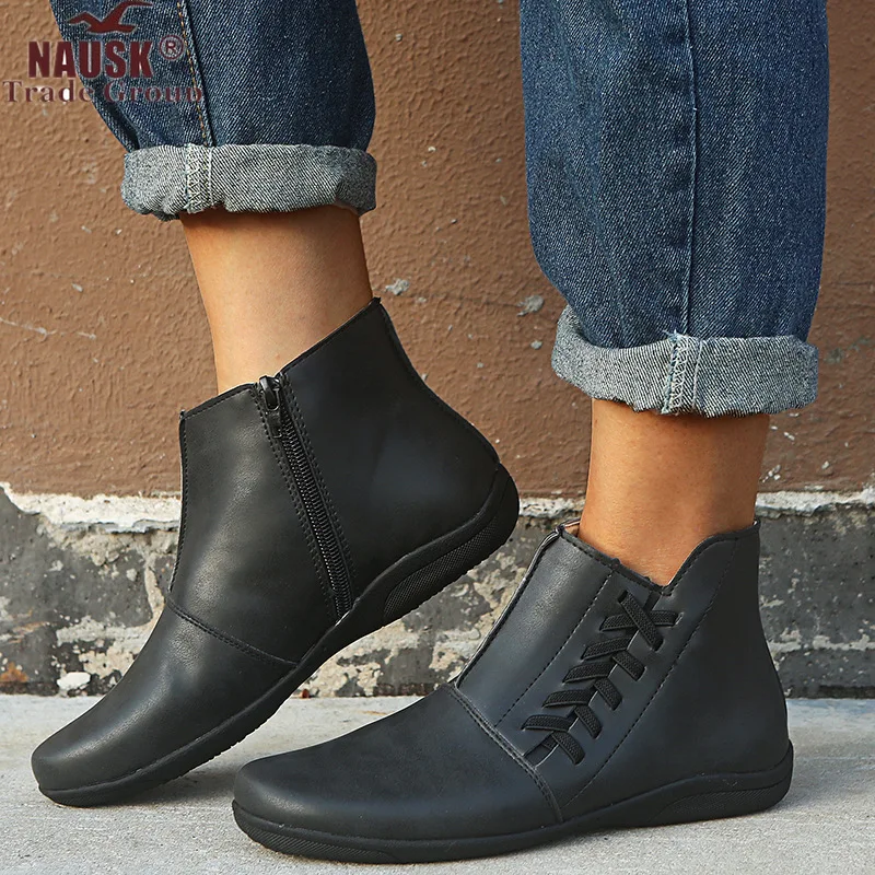 Женские зимние Плюшевые Теплые ботильоны на плоской подошве со шнуровкой