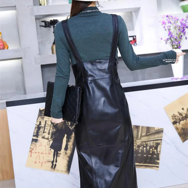 Женское длинное платье до середины икры весеннее из натуральной овечьей кожи с