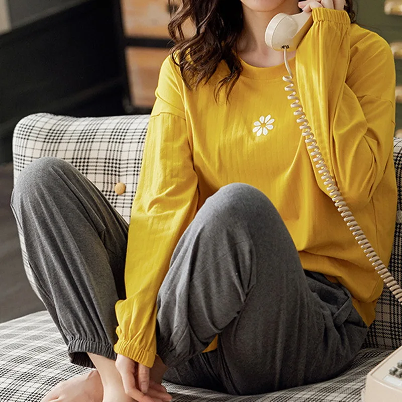 

Осень 2021, Пижамный комплект для сна и отдыха, Топ с длинным рукавом и длинные брюки, пижамный комплект, мультяшная хлопковая одежда для сна, ж...