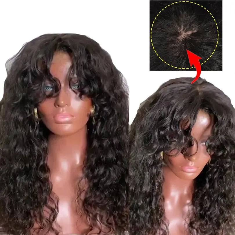 

Glueless Curly Full Machine Made Scalp Top Wig With Bangs 180 Density Malaysian Curly Human Hair Wigs Natural Color