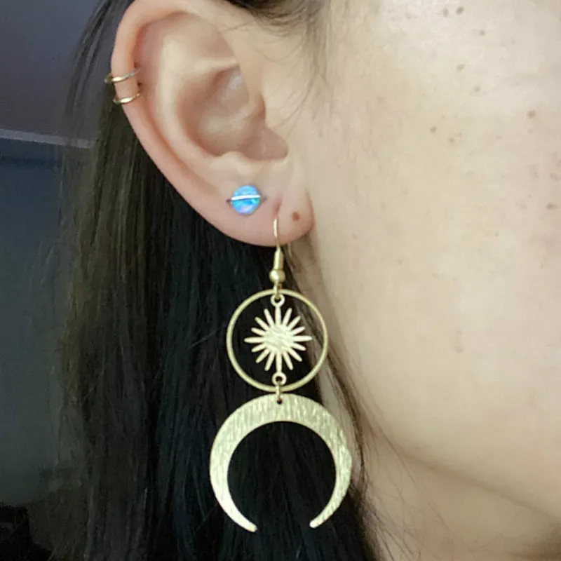 

Celestial Sun and Moon Earrings - Crescent Moon Phase,Boho Witchy, Gold Brass or Antique Silver Jewelry