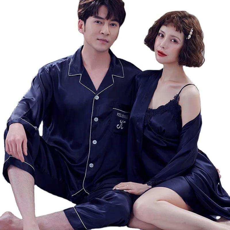 

2PCS Pajamas Suit Nightwear Couple Satin Sleep Set Men Casual Shirt&Pants Sleepwear Women Twinset Robe Gown Home Clothes Pijamas