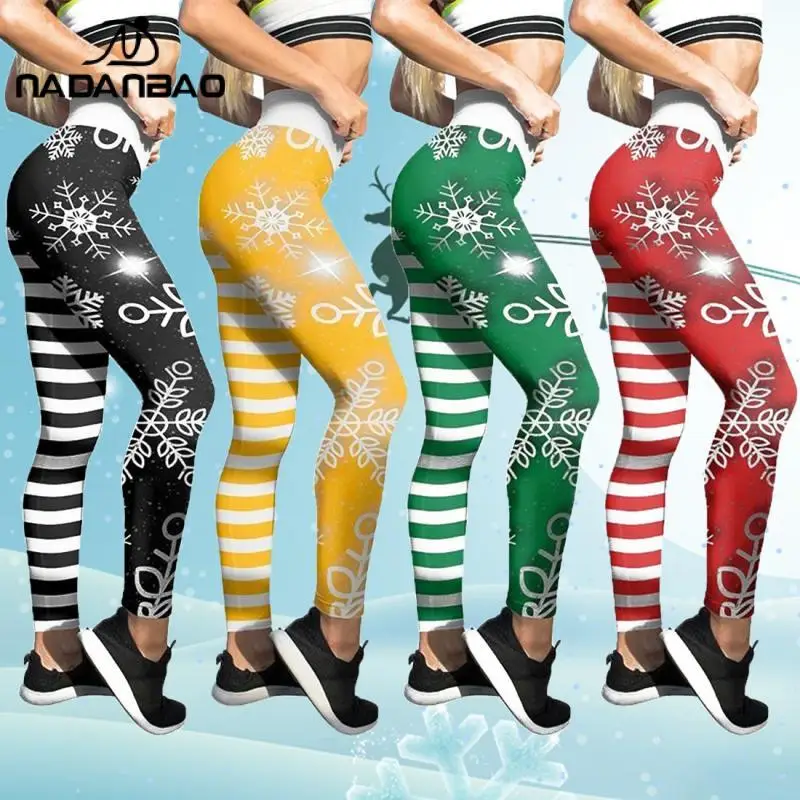 

NADANBAO New Christmas High Waist Elastic Women 4 Colors Striped Printed Cute Snowflakes Leggings Workout Cropped Pants Femme