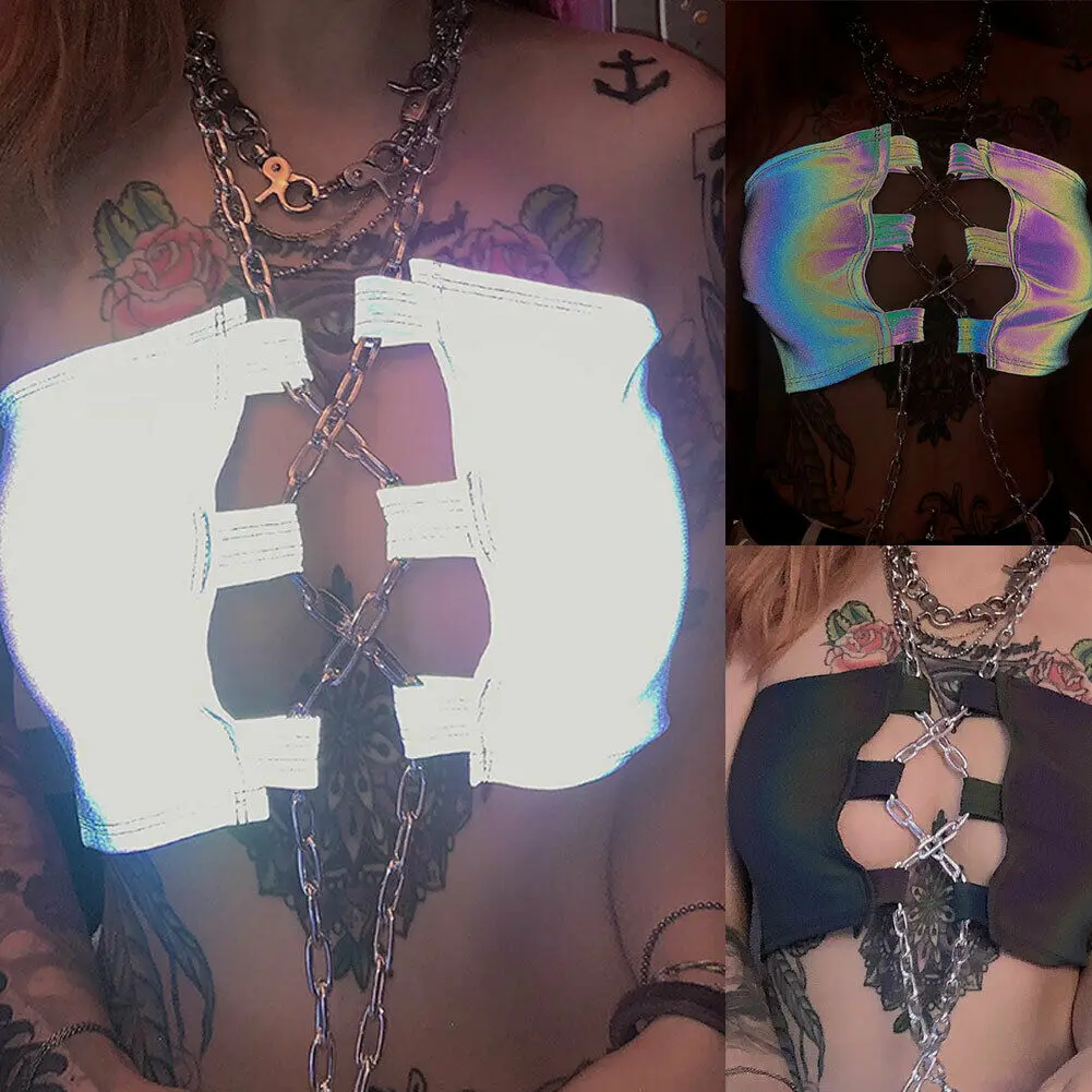 Crop Top Women Girl Streetwear Festival Reflective Chain Tops Party Cami Bralet Bustier Bra Vest Haut Femme | Женская одежда