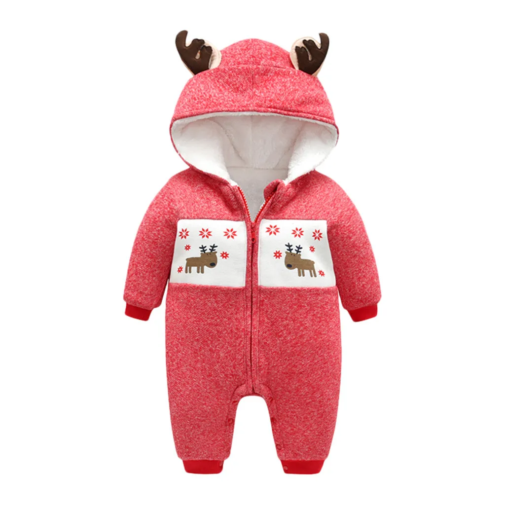 Милый Рождественский комбинезон с капюшоном для новорожденных мальчиков и