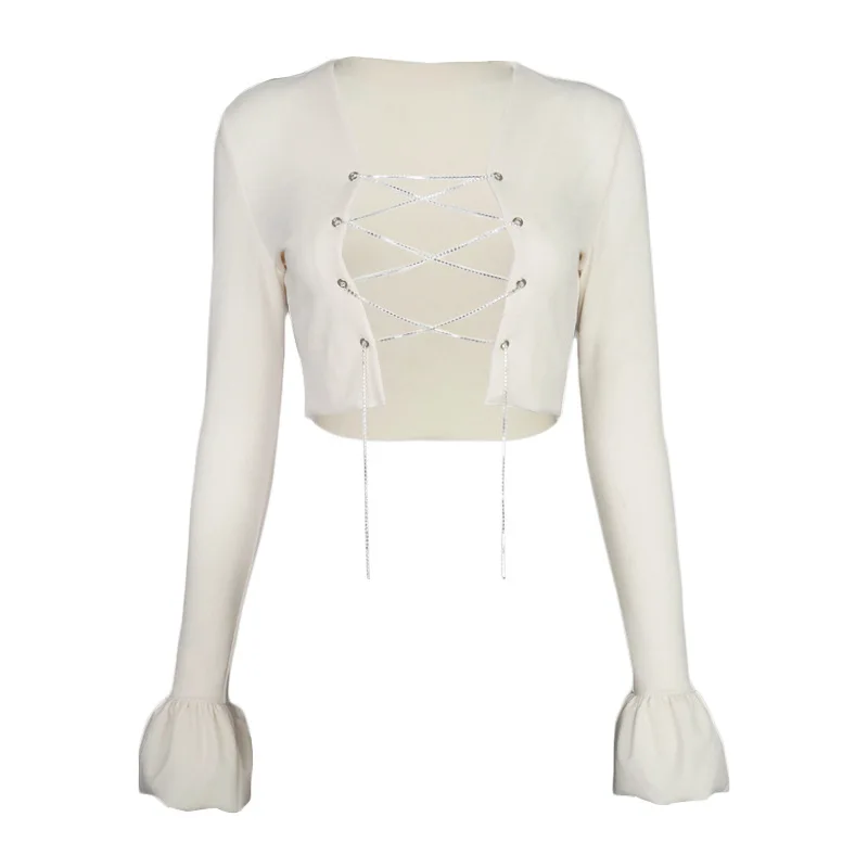 

Instunning Long Sleeve Sexy Drill Chain Bandage Hollow out Women's T-shirts 2020 Autumn Flare Sleeve Casual Crop Top Streetwear