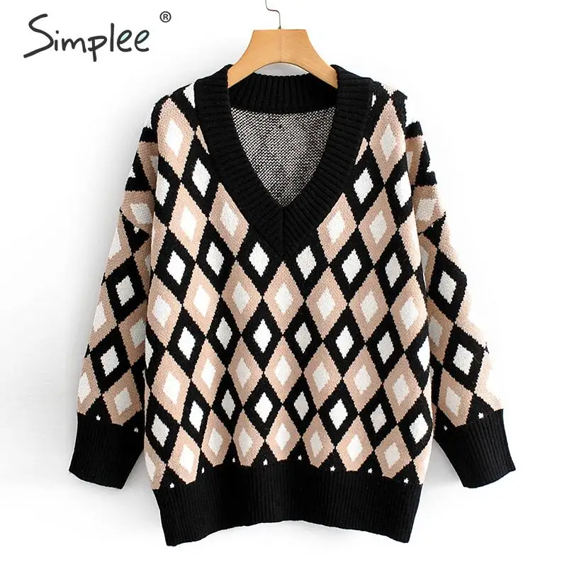 Simplee клетчатый женский свитер с v-образным вырезом пуловер на осень и зиму вязаный