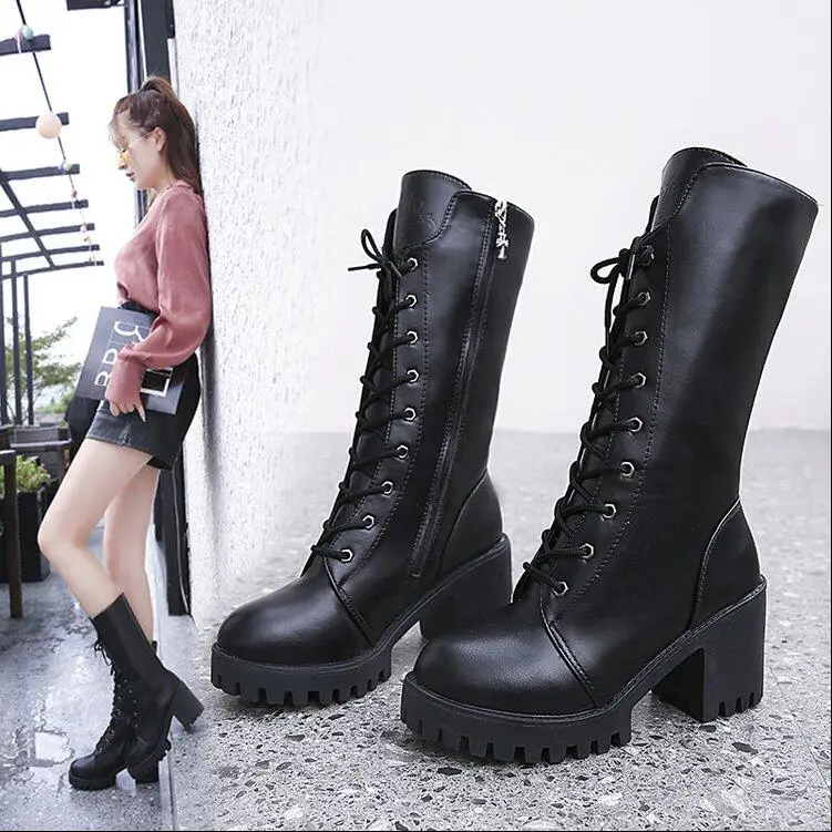 

2019 Autumn Boots Women Fashion High Heel Lace Up Boots Platform Shoes Winter Boot Women Leather Solid Boots L730