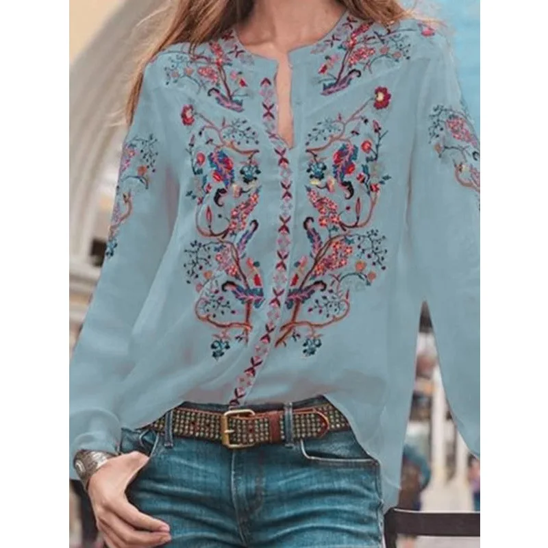 

2021Bohemian Floral Print Tops Women Fall Blouse O Neck Long Sleeve Shirts Single Breasted Female Casual Loose Blusas Plus Size