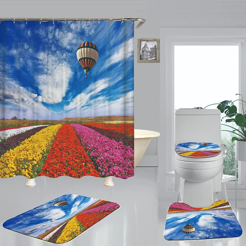 

Hot Air Balloon Black Shower Curtain Bathroom Set Fashion Pattern Bath Curtains Non Slip Toilet Cover Floor And Mat Rug Sets