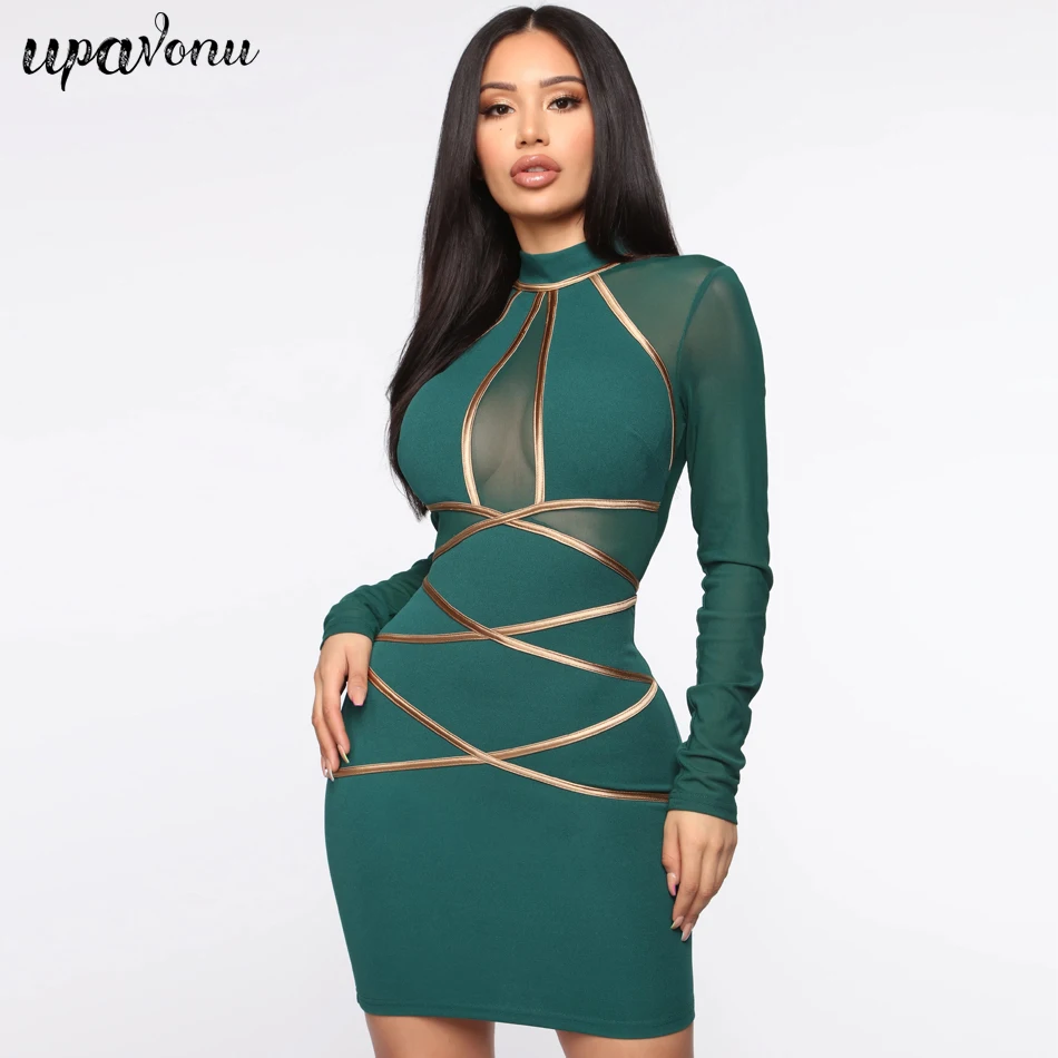 Женское платье с длинным рукавом зеленое черное кружевное Бандажное мини-платье
