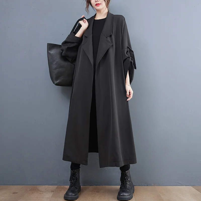 SuperAen 2022 Spring Autumn Fashion Notched Solid Plus Size Windbreaker Coat Long Slim Loose Jackets |