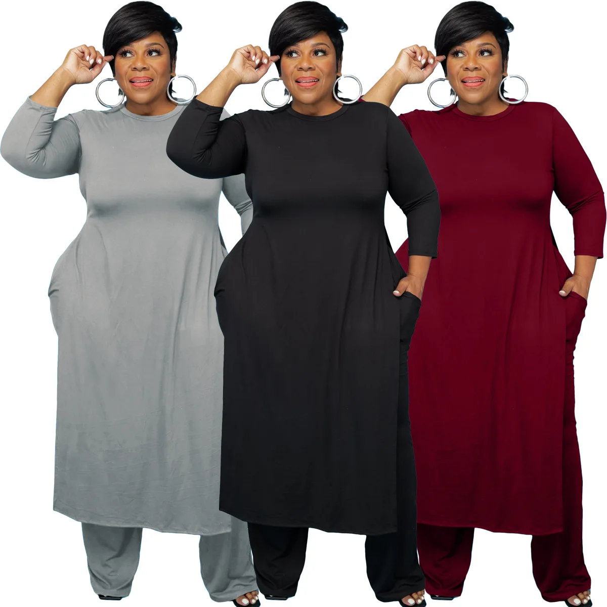 

2021 Autumn Casual Plus Size S-4XL Two Piece Sets Pure Color Fashion O-Neck Split Long T-Shirts + Loose Pants Stretch Outfits