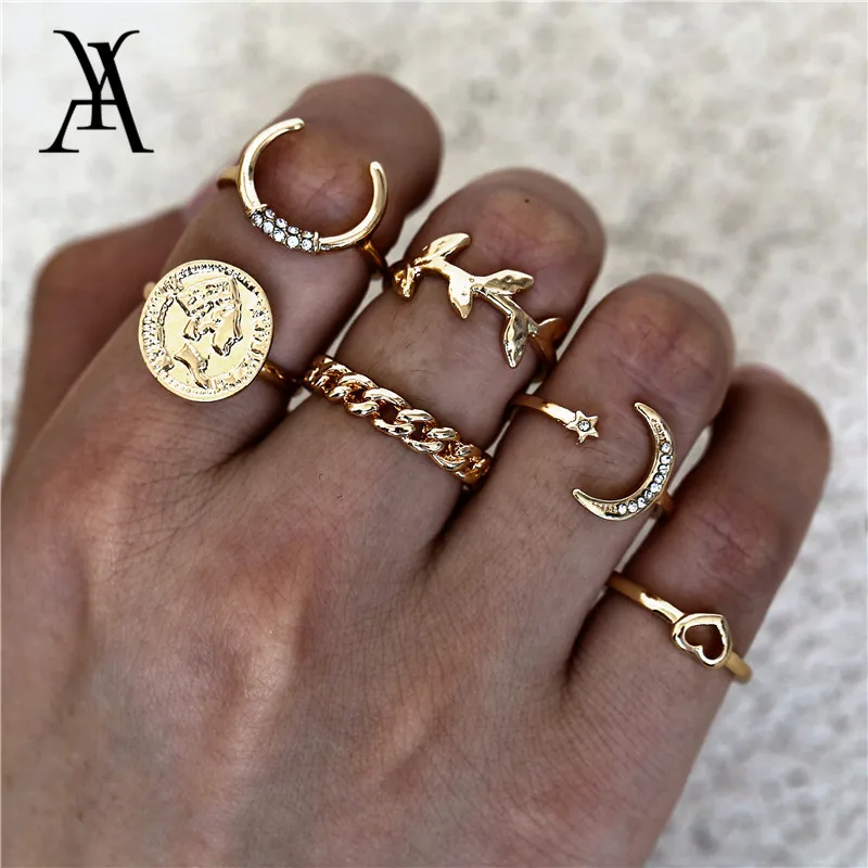 AY 6 шт./компл. Винтаж Кристалл в виде звезды луны сердца кольца набор для женщин