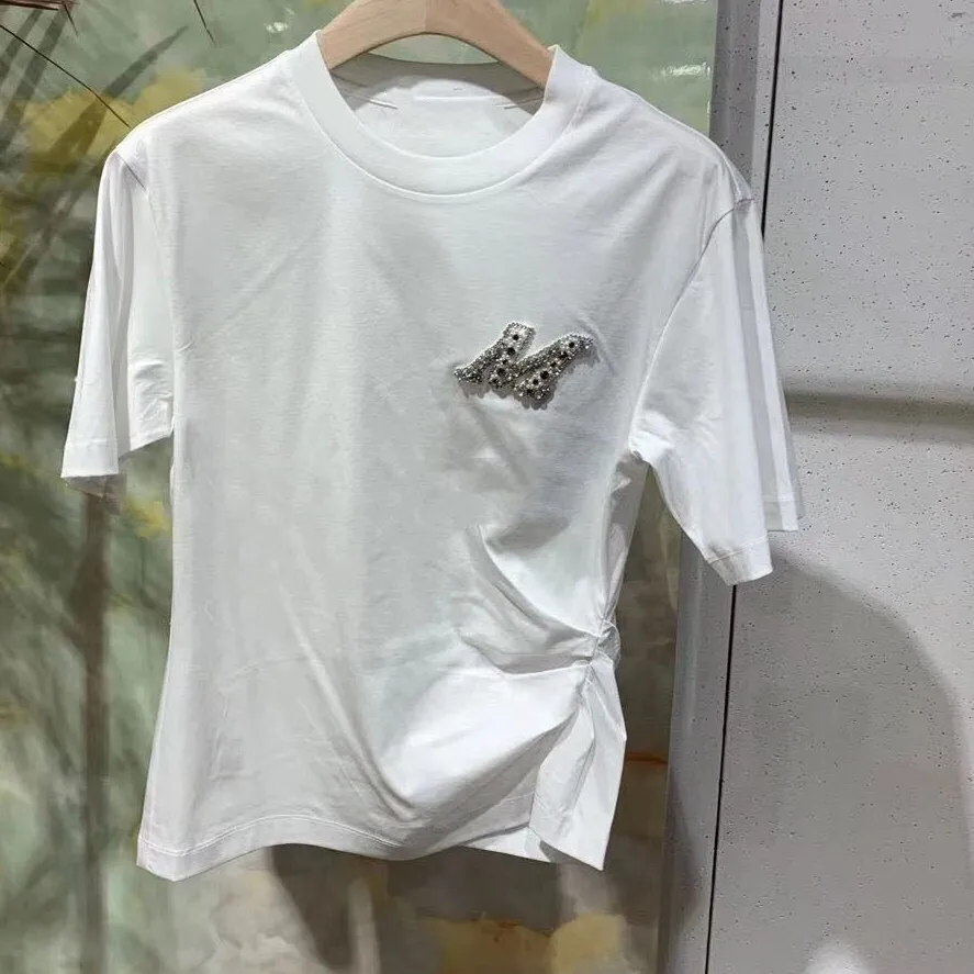 

2021 Women's Spring Summer New Loose Casual Top Diamond Letter Solid Color Round Neck Short Sleeve T-shirt Chic Cotton Tee