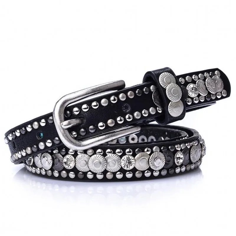 2023 New Crytal Rivet Woman Belts Genuine Leather Cow Skin Strap Luxury Fashion Designer Brand Pin Metal Buckle Ladies Items