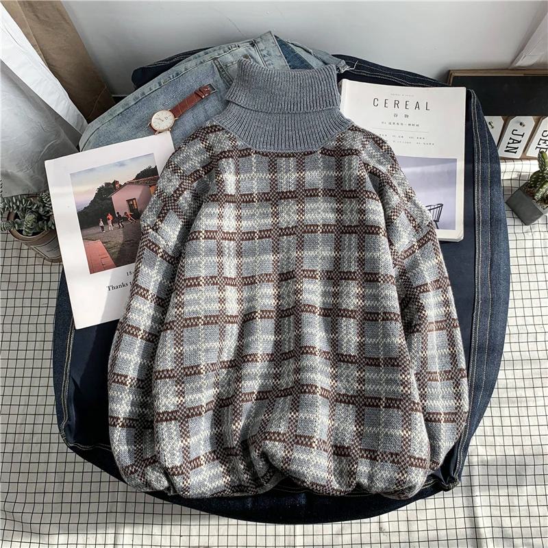 Winter Turtleneck Sweater Men's Warm Fashion Casual Retro Knit Pullover Men Streetwear Plaid Sweater Male Sweter Clothes - Цвет: gray