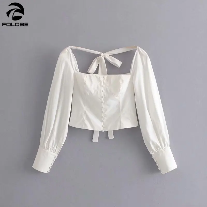 

FOLOBE 2020 Women Square Collar Backless Long Lantern Sleeve Lace-up Bow Shirt Fashion Button Spring Summer Sexy Tops
