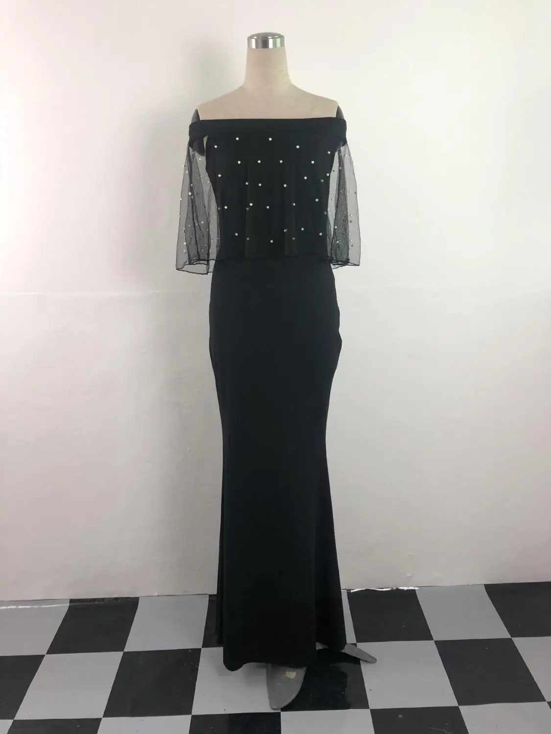 

2020 Women Dress Floor Length Dress Female Fashion Elegant 3/4 Mesh Sleeve Pearls Dinner Maxi Dress