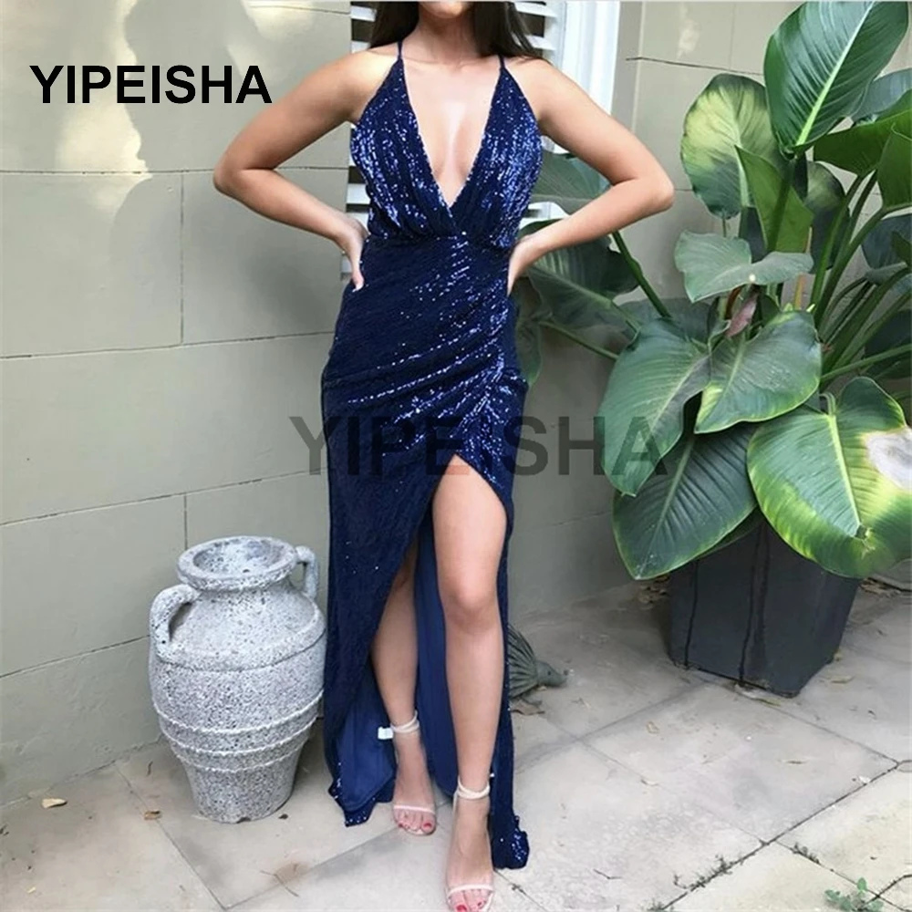 

2021 New Glittery Ssexy Deep V-Neck Evening Dress Spaghetti Strap A-Line Sleeveless Backless Prom Party Gown robes de soirée