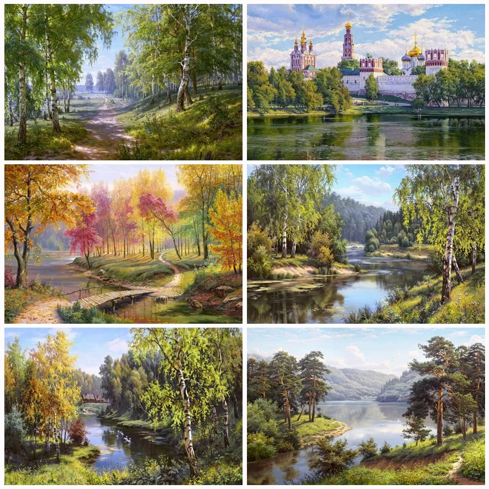 

Diy Diamond Painting Tree Lake 5D Full Square/round Drill Diamond Embroidery Forest Scenery Mosaic Decoation for Home Gift