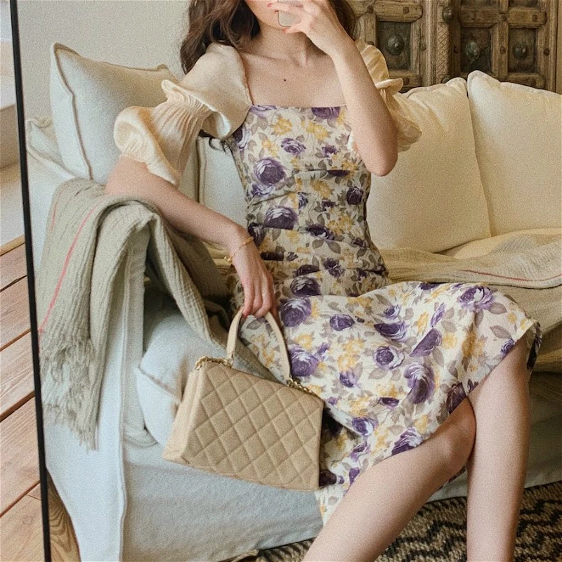 

French Dress Women Hot Sale Holiday Party Elegant Romance Puff Sleeve Lady Bodycon Dresses Summer Ins Stylish Soft Mujer Vestido