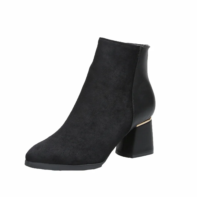 

Square Block High Heels Ankle Boots for Women Shoes Woman Black Flock Leather Boots Female Zipper Plus Size Nice Ladies Shoes